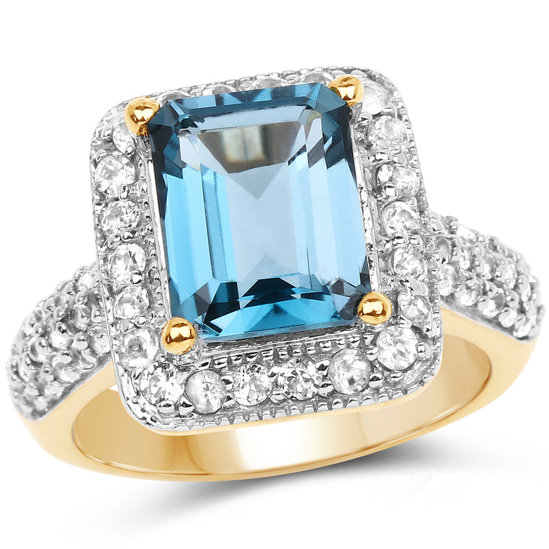 14K Yellow Gold Plated 5.03 Carat Genuine London Blue Topaz and White Topaz .925 Sterling Silver Ring