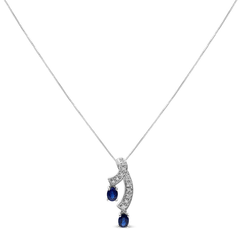 14K White Gold 5x4 MM Oval Shaped Natural Blue Sapphire and Diamond Accent Double Drop Ribbon 18" Pendant Necklace (J-K Color, SI2-I1 Clarity)