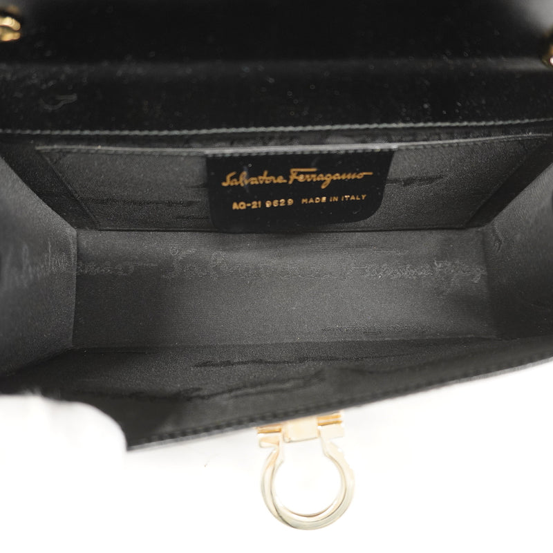 Auth Salvatore Ferragamo Shoulder Bag Gancio Leather Black Gold Metal