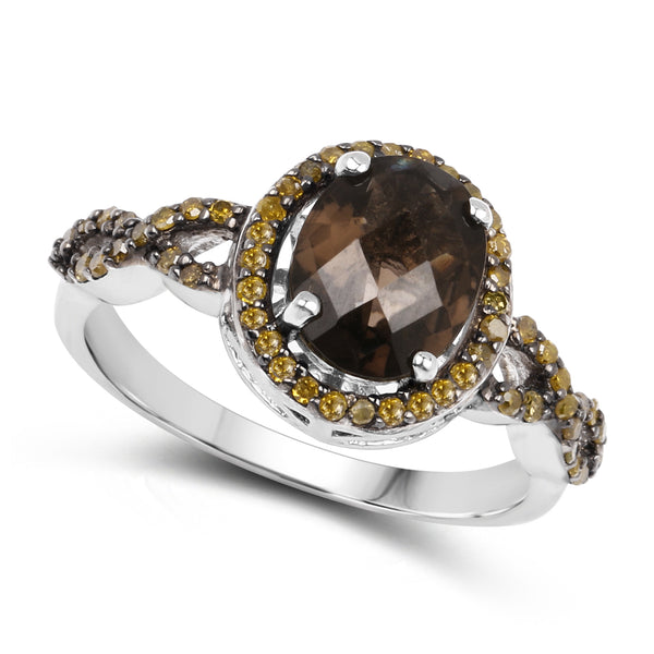 1.91 Carat Genuine Smoky Quartz & Yellow Diamond .925 Sterling Silver Ring