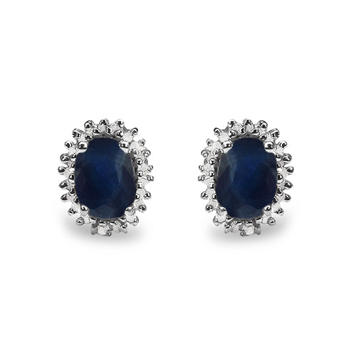 2.22 Carat Genuine Blue Sapphire & White Diamond .925 Sterling Silver Earrings