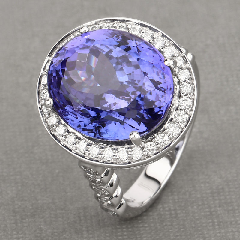 18.50 Carat Genuine Tanzanite and White Diamond 18K White Gold Ring