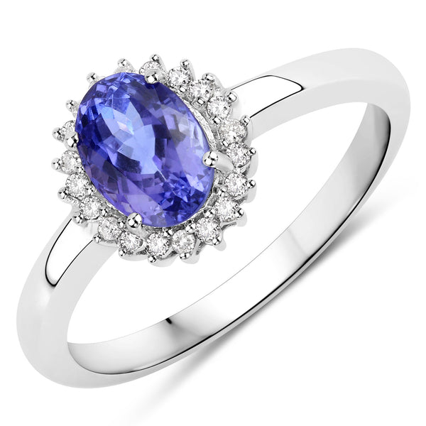 0.86 Carat Genuine Tanzanite and White Diamond 14K White Gold Ring