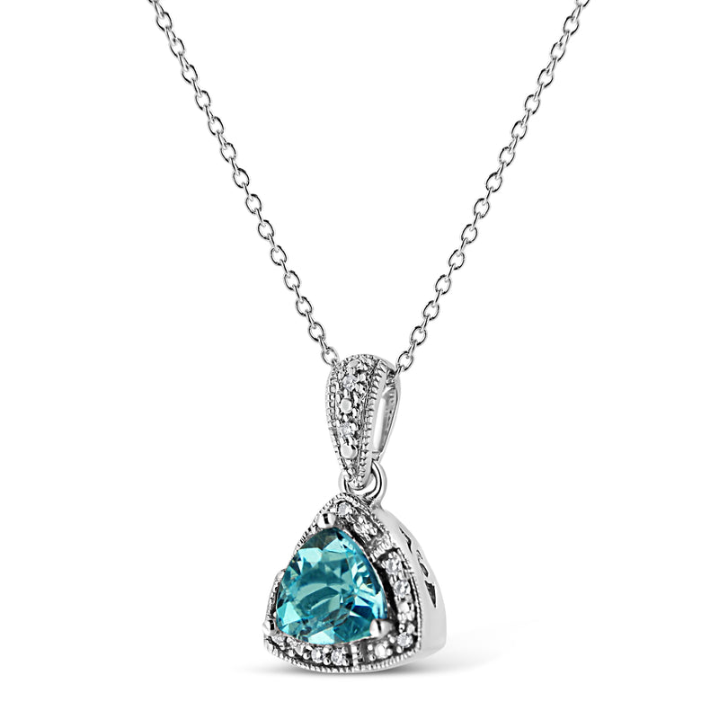 .925 Sterling Silver 7x7 mm Trillion Cut Blue Topaz Gemstone and Diamond Accent 18" Pendant Necklace (I-J Color, I1-I2 Clarity)
