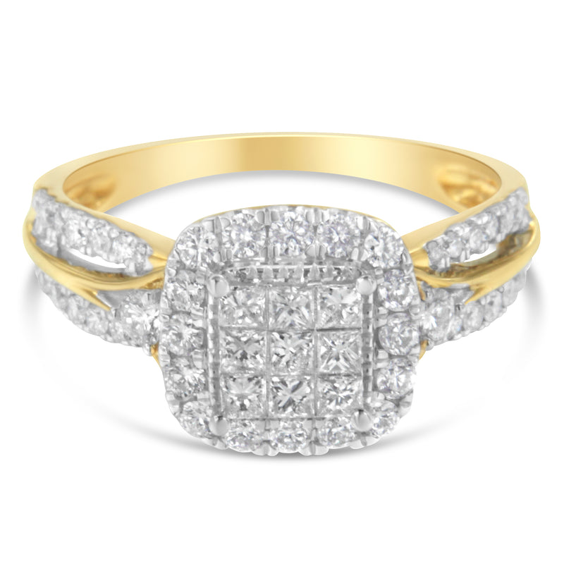 10K Yellow Gold 1.0 Cttw Diamond Composite Cushion-Shape Halo 3-Band-Look Engagement Ring (H-I Color, SI1-SI2 Clarity) - Size 6-1/4