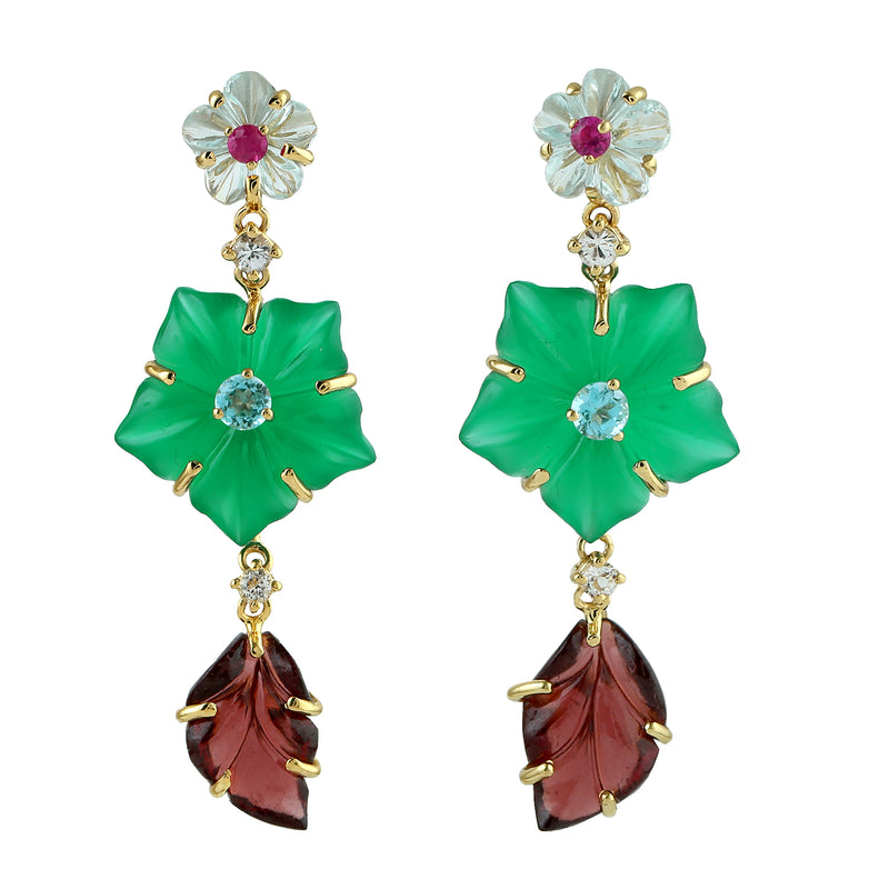 18k Gold Carving Flower Green Onyx Dangle Earrings Ruby Topaz Gemstone Jewelry