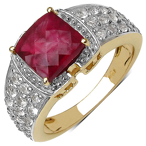 14K Yellow Gold Plated 4.08 Carat Genuine Ruby & White Topaz .925 Sterling Silver Ring