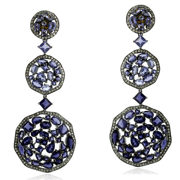 Iolite Pave Diamond Dangle Earrings 18k Gold Silver Party Wear Jewelry