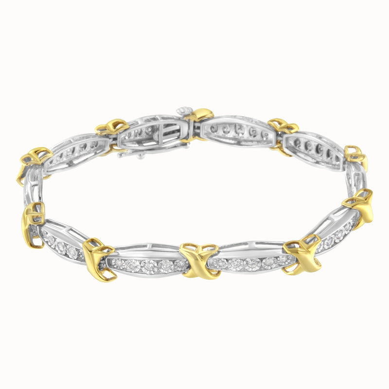 10K Yellow Gold Plated .925 Sterling Silver Two Tone 3/4 CttwDiamond X & O Link Tennis Bracelet (H-I Color, I1-I2 Clarity) - 7”