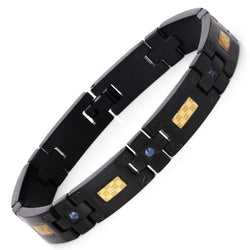 Black Titanium Men's Bracelet, Mens Titanium Bracelet with Gold Plated Steel Inlay, 0.56ctw. Natural Blue Sapphire Rounds