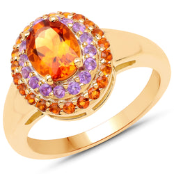 14K Yellow Gold Plated 1.70 Carat Genuine Citrine and Amethyst .925 Sterling Silver Ring