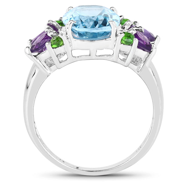 4.00 Carat Genuine Swiss Blue Topaz, Chrome Diopside & Amethyst .925 Sterling Silver Ring