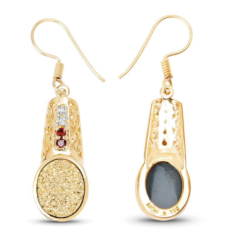 14K Yellow Gold Plated 7.69 Carat Genuine Golden Drusy, Garnet and White Topaz .925 Sterling Silver Earrings