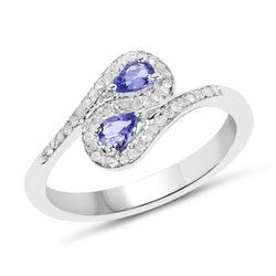 0.42 Carat Genuine Tanzanite and White Diamond .925 Sterling Silver Ring