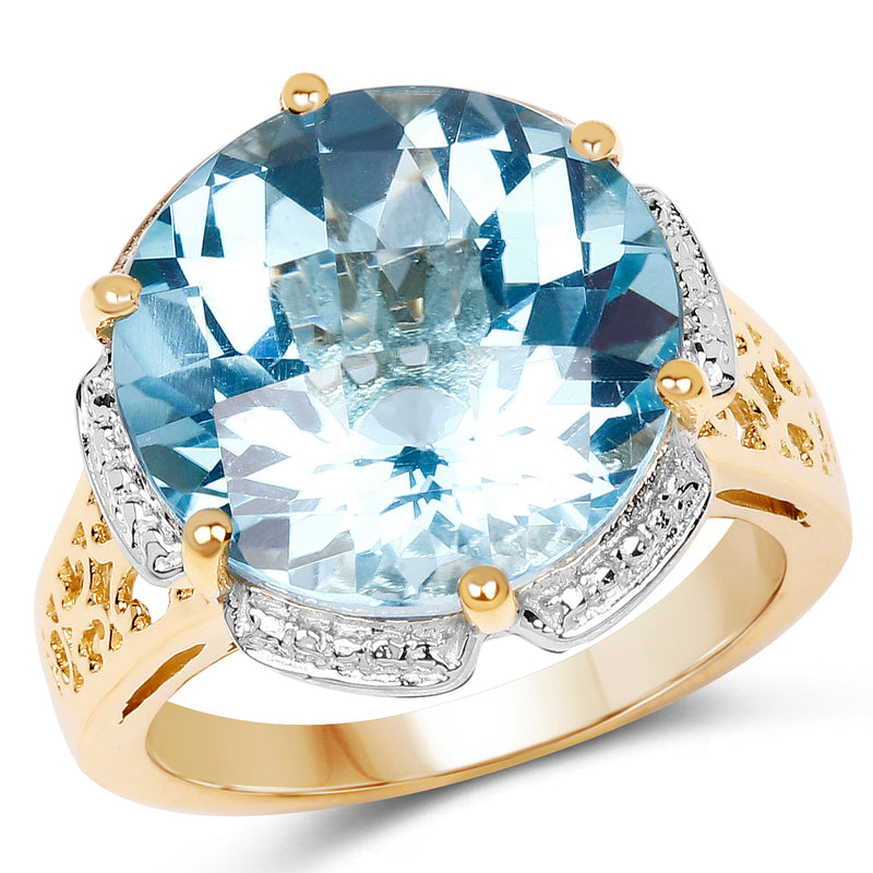 14K Yellow Gold Plated 14.15 Carat Genuine Blue Topaz .925 Sterling Silver Ring