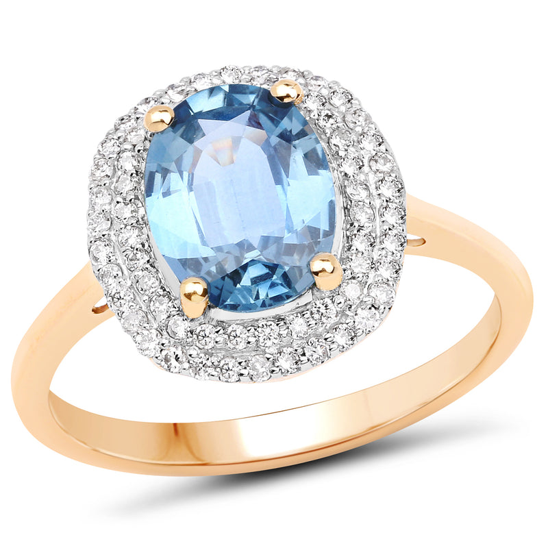 2.52 Carat Genuine Blue Sapphire and White Diamond 14K Yellow Gold Ring