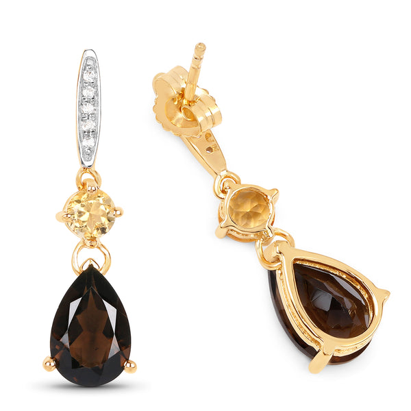 6.50 Carat Genuine Smoky Quartz, Citrine & White Topaz 14K Yellow Gold Earrings