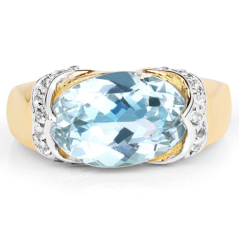 14K Yellow Gold Plated 6.56 Carat Genuine Blue Topaz and White Topaz .925 Sterling Silver Ring