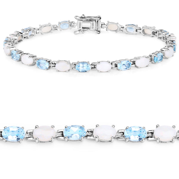 9.02 Carat Genuine Blue Topaz and Opal .925 Sterling Silver Bracelet