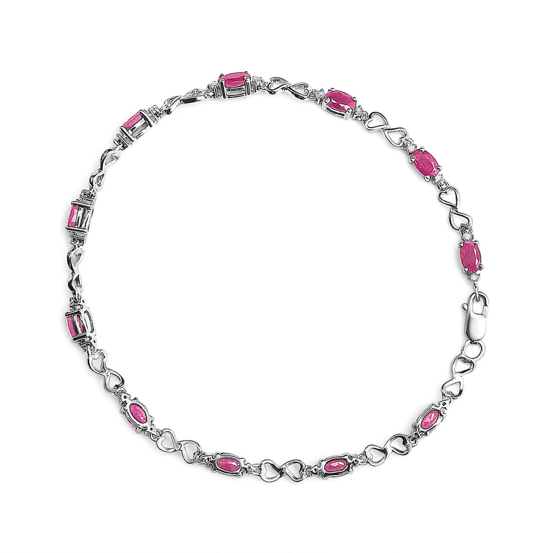 .925 Sterling Silver Pink Oval Shaped Ruby and 1/4 Cttw Diamond 7.25" Link Bracelet (I-J Color, I2-I3 Clarity)