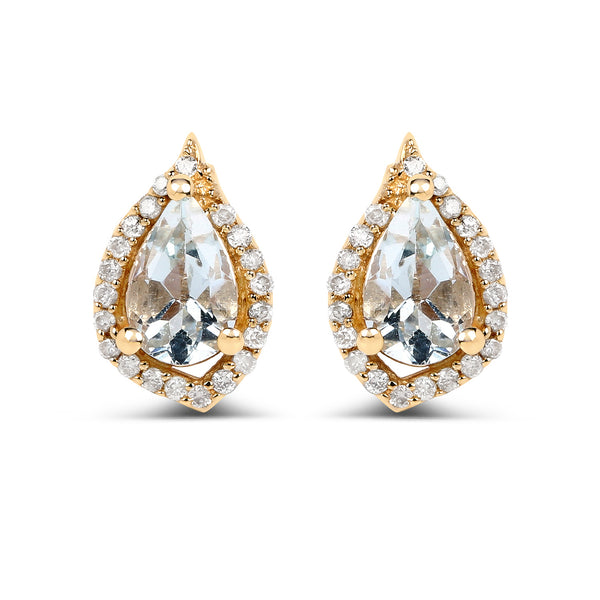 0.83 Carat Genuine Aquamarine and White Diamond 14K Yellow Gold Earrings