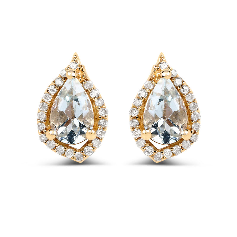 0.83 Carat Genuine Aquamarine and White Diamond 14K Yellow Gold Earrings