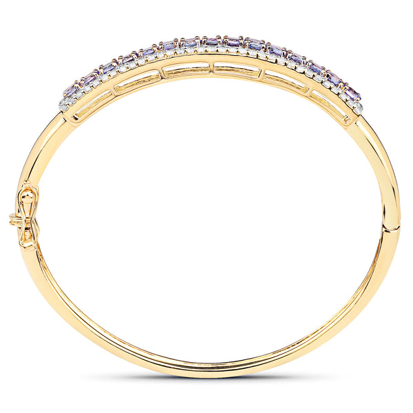 14K Yellow Gold Plated 4.39 Carat Genuine Tanzanite and White Topaz .925 Sterling Silver Bangle