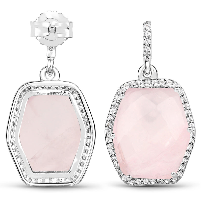 14.65 Carat Genuine Rose Quartz and White Topaz .925 Sterling Silver Earrings