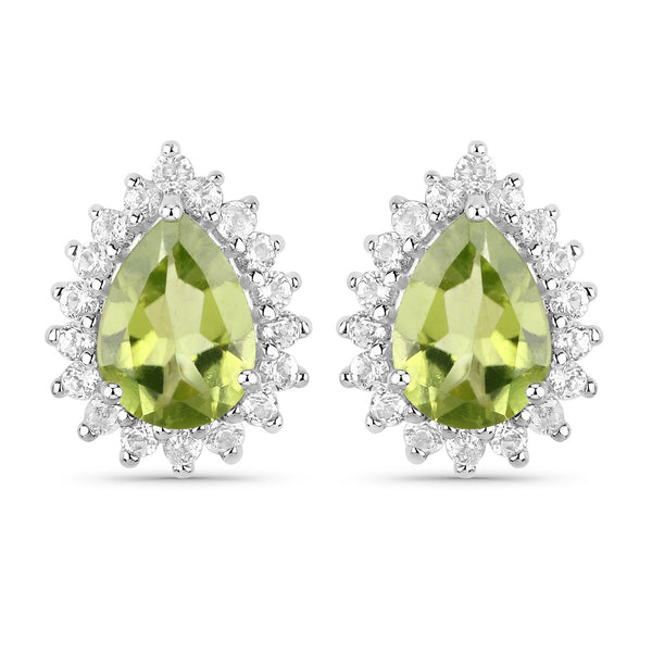 18K White Gold Plated 2.04 Carat Genuine Peridot and White Topaz .925 Sterling Silver Earrings