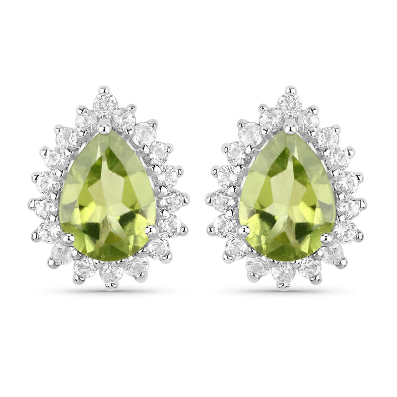 18K White Gold Plated 2.04 Carat Genuine Peridot and White Topaz .925 Sterling Silver Earrings