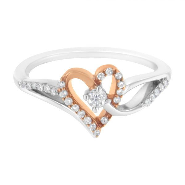 10K Rose Gold over .925 Sterling Silver ⅕ Cttw Diamond Split Shank Open Heart Cocktail Ring (I-J Color, I2-I3 Clarity)