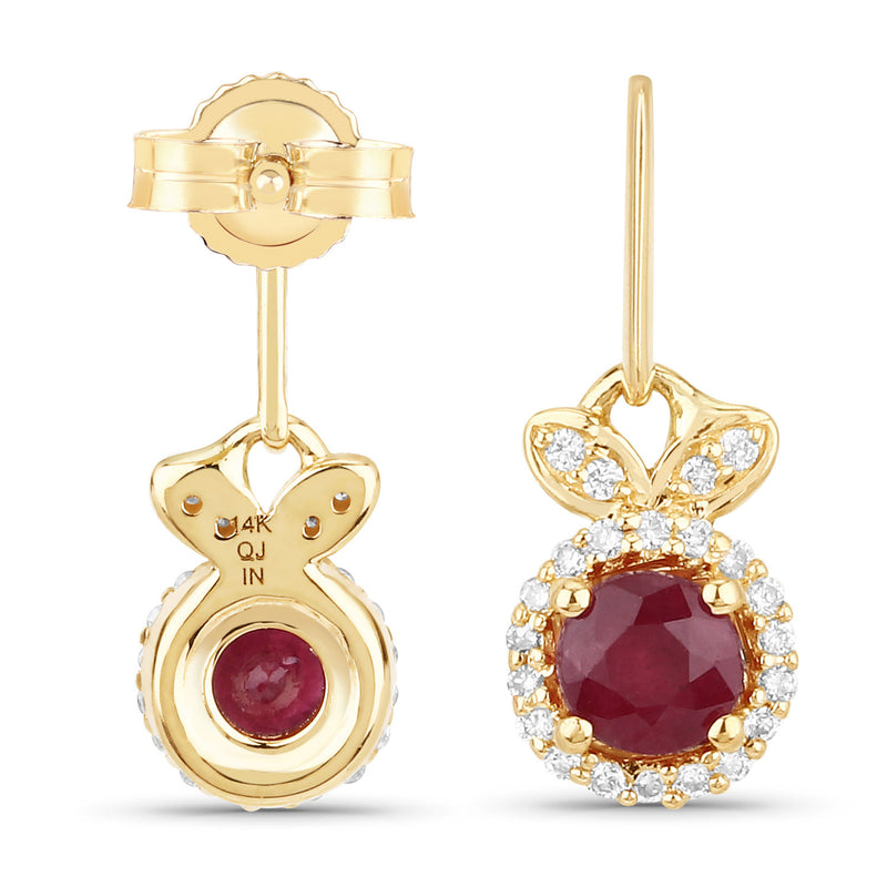 0.73 Carat Genuine Ruby and White Diamond 14K Yellow Gold Earrings