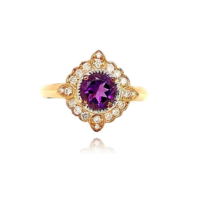 14KY AMETHYST AND DIAMOND ROUND RING