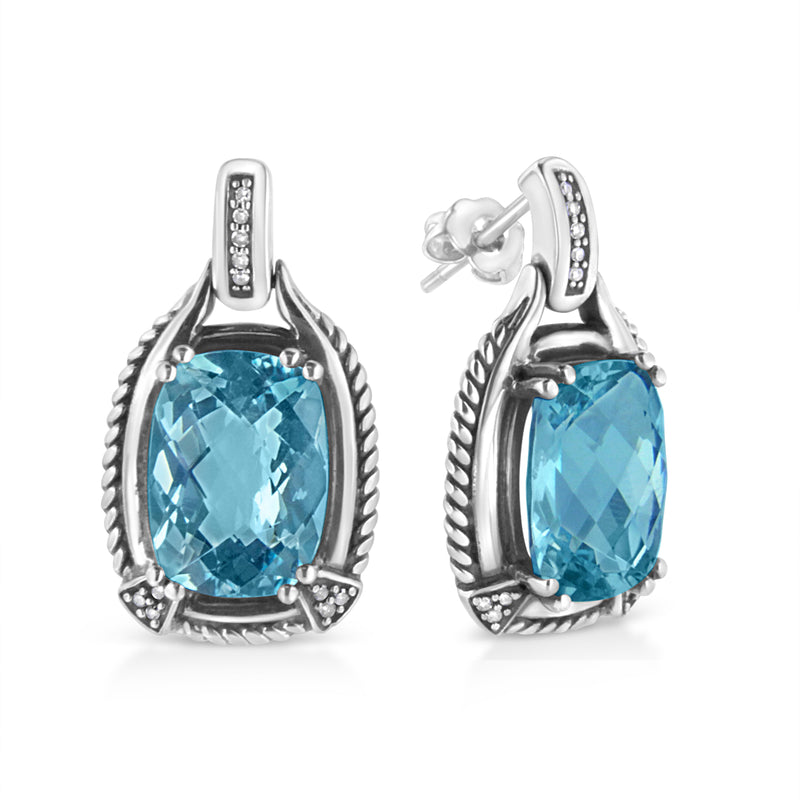 .925 Sterling Silver 14x10MM Cushion Cut Blue Topaz Gemstone and Diamond Accent Dangle Earring (I-J Color, I1-I2 Clarity)