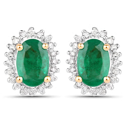 1.00 Carat Genuine Zambian Emerald and White Diamond 18K Yellow Gold Earrings