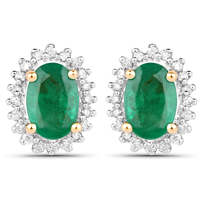 1.00 Carat Genuine Zambian Emerald and White Diamond 18K Yellow Gold Earrings