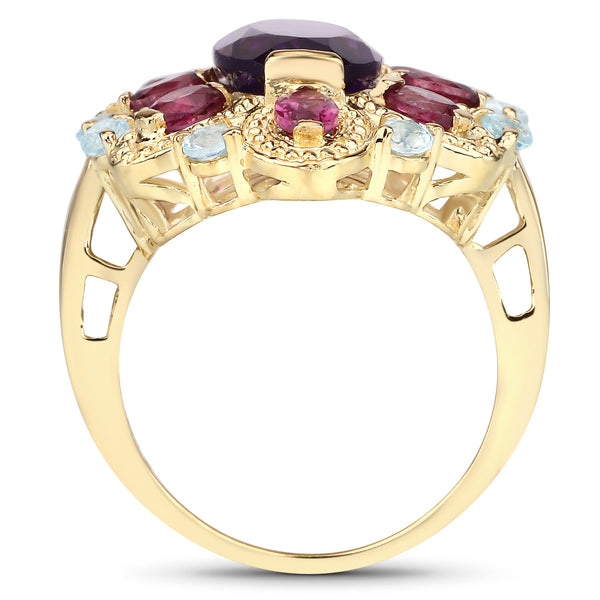 6.80 Carat Genuine Amethyst, Rhodolite and Blue Topaz .925 Sterling Silver Ring