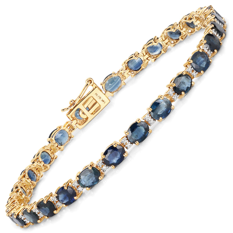 9.46 Carat Genuine Blue Sapphire and White Diamond 14K Yellow Gold Bracelet