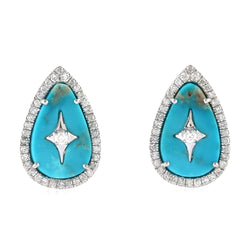 Natural Turquoise Stud Earrings 18k White Gold Diamond Jewelry