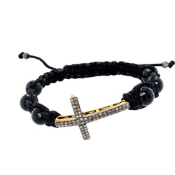 Pave Diamond Cross Sign Bracelet Onyx Beaded Macrame Bracelet Jewelry Gift