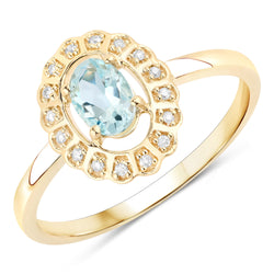 Genuine Aquamarine and White Diamond 14K Yellow Gold Ring - Delicate Elegance