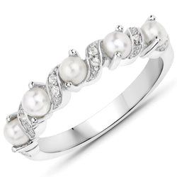 0.69 Carat Genuine Pearl and White Topaz .925 Sterling Silver Ring