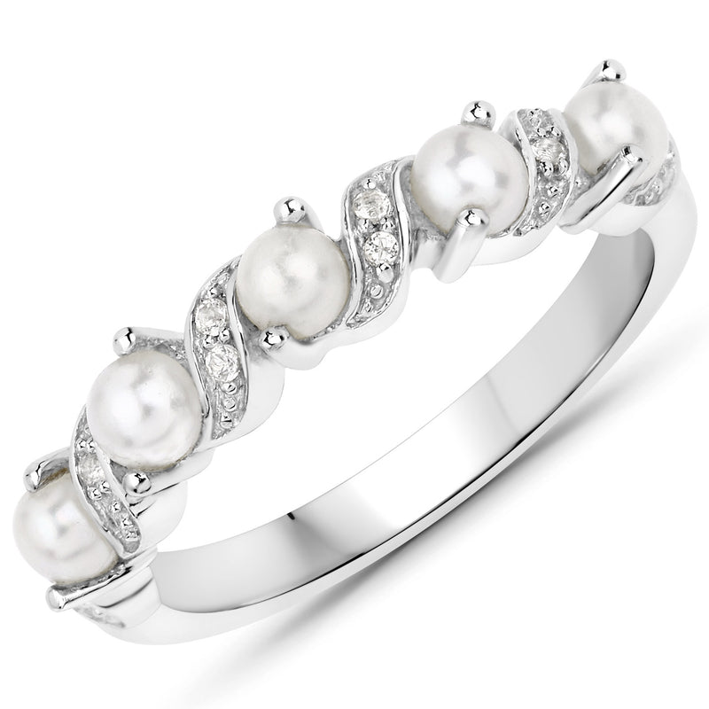 0.69 Carat Genuine Pearl and White Topaz .925 Sterling Silver Ring