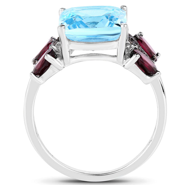 6.39 Carat Genuine Blue Topaz, Rhodolite & White Topaz .925 Sterling Silver Ring