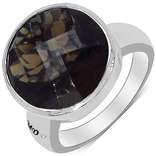 10.81 Carat Genuine Smoky Quartz & White Diamond .925 Sterling Silver Ring