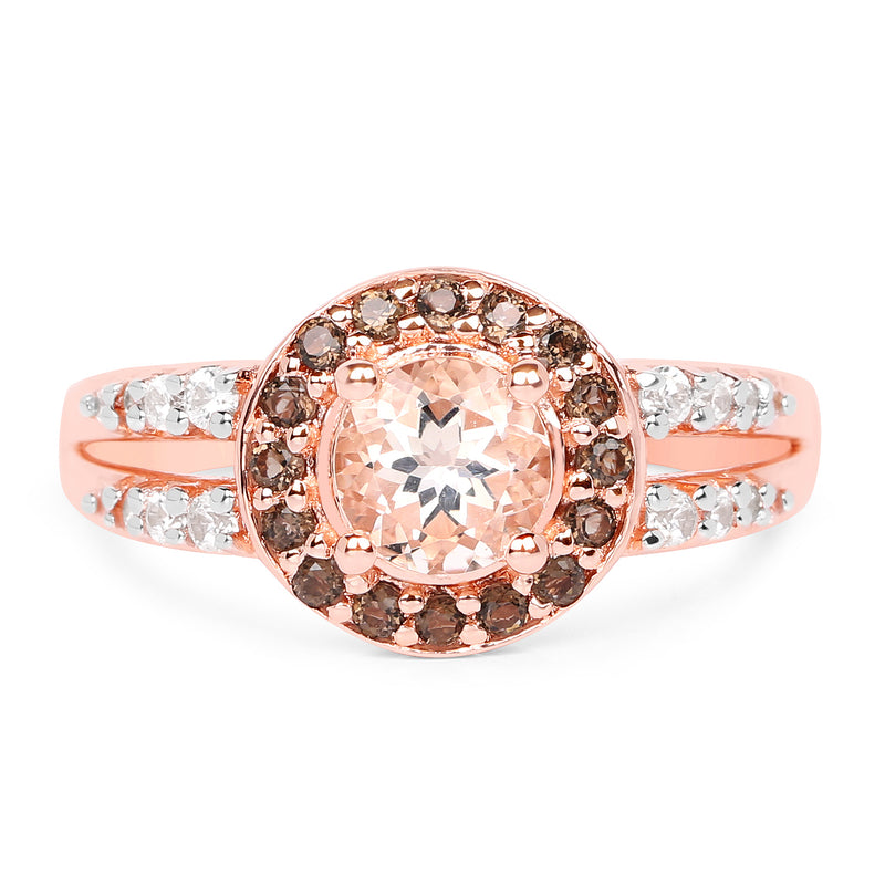 18K Rose Gold Plated 1.46 Carat Genuine Morganite, Smoky Quartz and White Zircon .925 Sterling Silver Ring