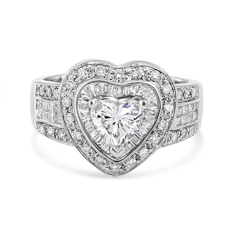 14K White Gold 1 1/2 Cttw Round Princess Baguette and Heart Diamond Heart Ring (G-H Color SI1-SI2 Clarity) - Size 7