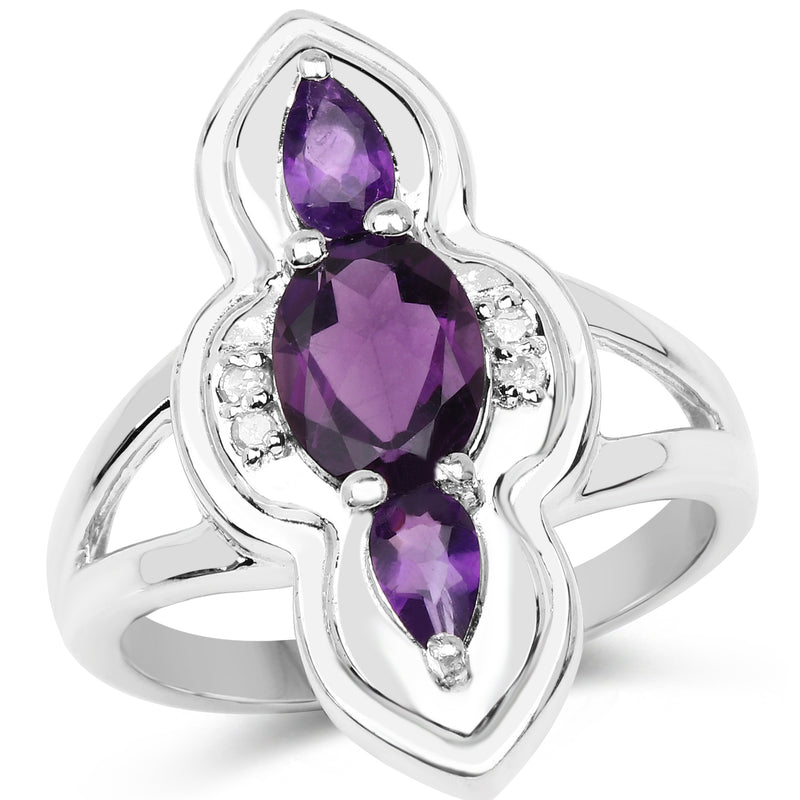 1.58 Carat Genuine Amethyst and White Diamond .925 Sterling Silver Ring