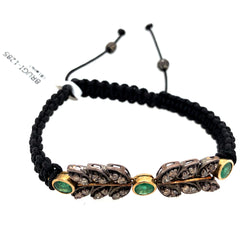 Pave Diamond & Emerald Leaf Macrame Bracelet Handmade Jewelry