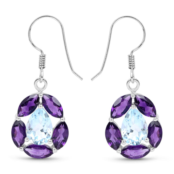 9.10 Carat Genuine Blue Topaz and Amethyst .925 Sterling Silver Earrings